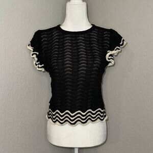 Solitaire Crochet Knit Top Women's Large Black Acrylic Ruffle Sleeves Pullover